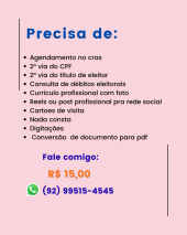 Faço currículo profissional/ agendamento no cras/ digitações e outros serviços.