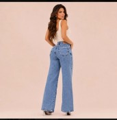 Calça jeans pantalona wide leg feminina cintura alta